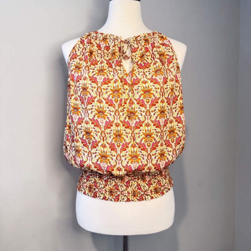Rose Olive Womens Top Sleeveless Keyhole Floral Print Smocked Blouse Medium